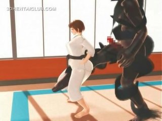 Hentai karate jovem mulher a engasgar em um maciço pénis em 3d